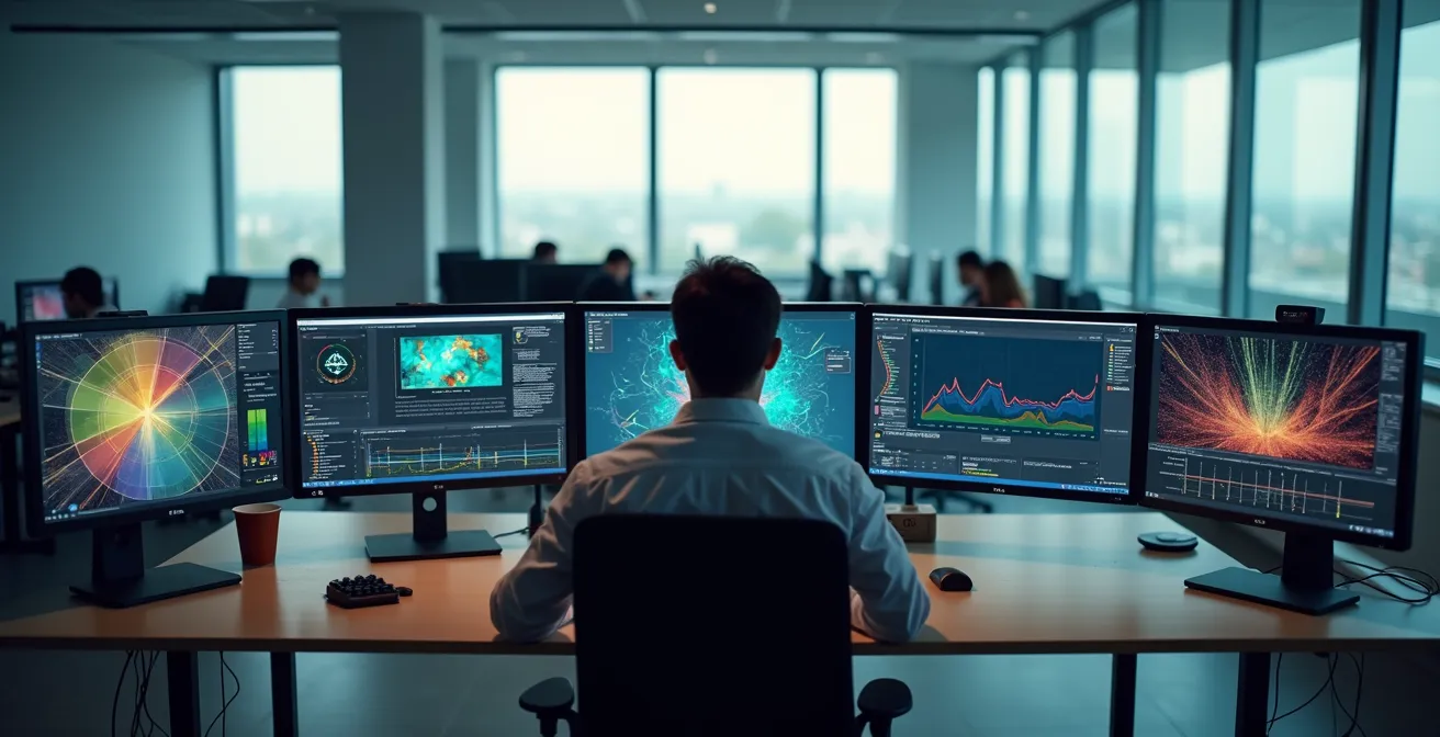 Vue environnementale d'un espace de travail montrant les signes de surcharge IT