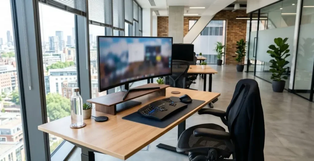 Vue d'ensemble d'un bureau moderne équipé de périphériques ergonomiques incluant souris verticale, clavier ajustable et support écran dans un espace de travail vide