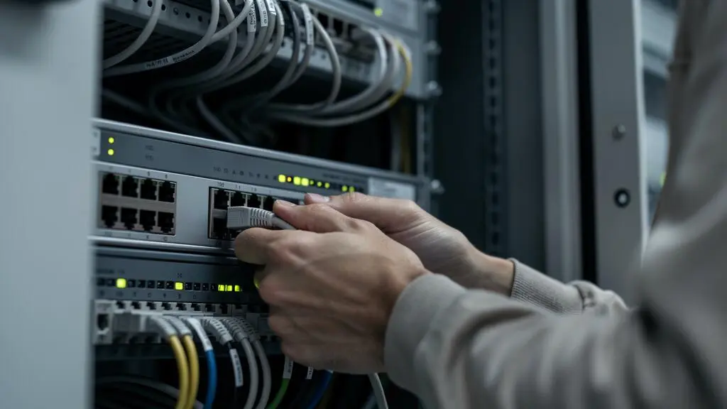 Administrateur système manipulant un équipement serveur dans une salle technique d'entreprise
