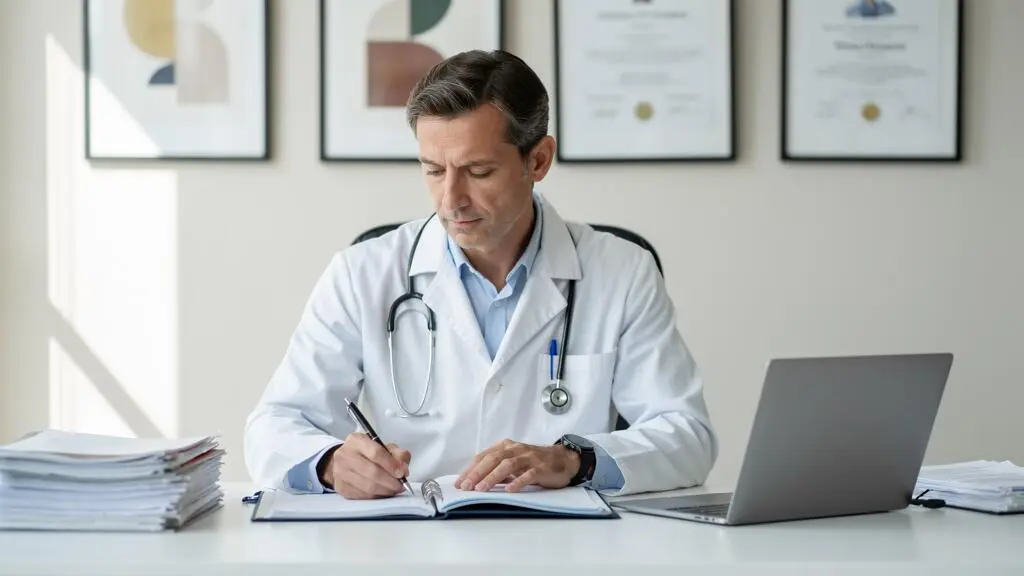 Professionnel médical consultant un dossier patient dans un cabinet médical, avec un ordinateur en arrière-plan