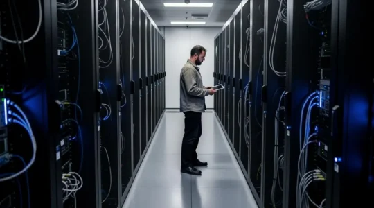 Technicien IT inspectant les serveurs dans l'allée d'un datacenter français moderne éclairée par des LED bleues