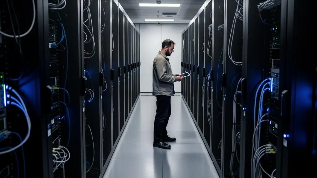 Technicien IT inspectant les serveurs dans l'allée d'un datacenter français moderne éclairée par des LED bleues