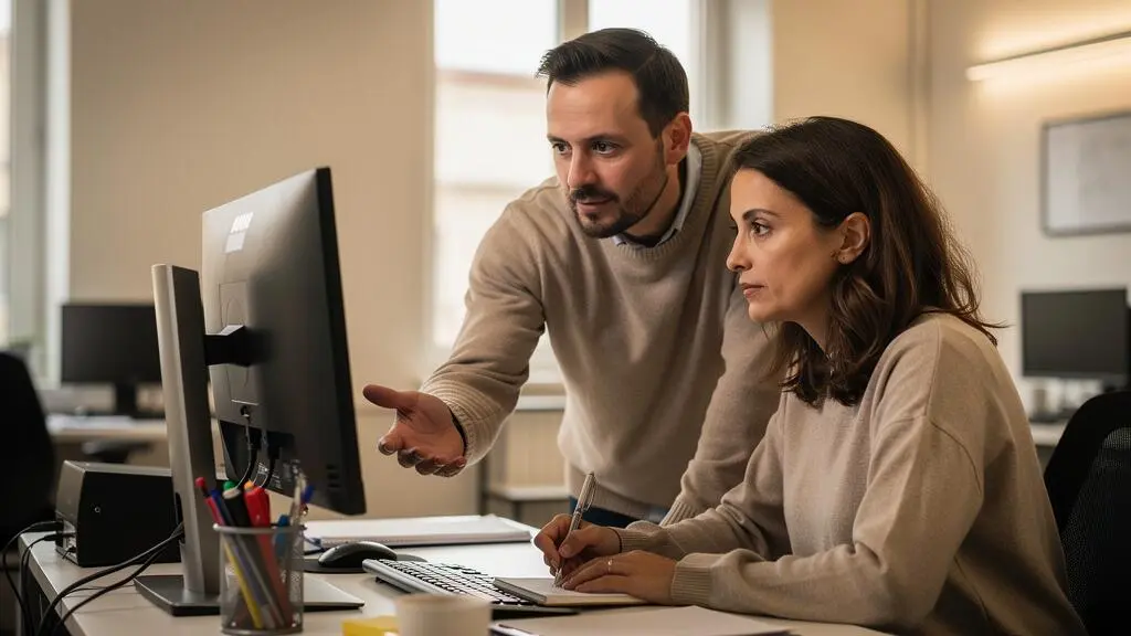 Responsable IT expliquant les nouvelles procédures de messagerie chiffrée à un employé dans un bureau moderne